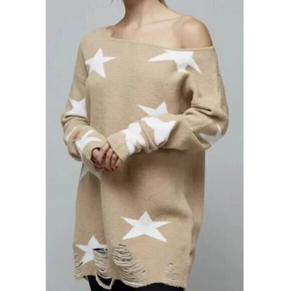 Fantastic Fawn Distressed Pullover Star Print Sweater White Stars Beachy Boho L - Picture 8 of 8